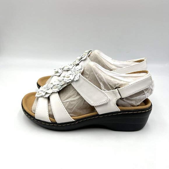 Clarks Womens Size 8.5 Merliah Sheryl White Leather Floral Wedge Sandals Shoes - Picture 6 of 14